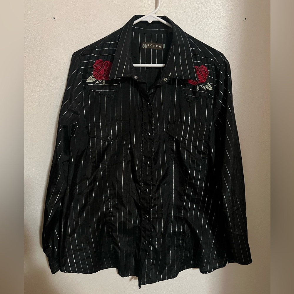 ROPER Classic Metallic Striped Embroidered Rose Western Pearl Snap Black Mens XL